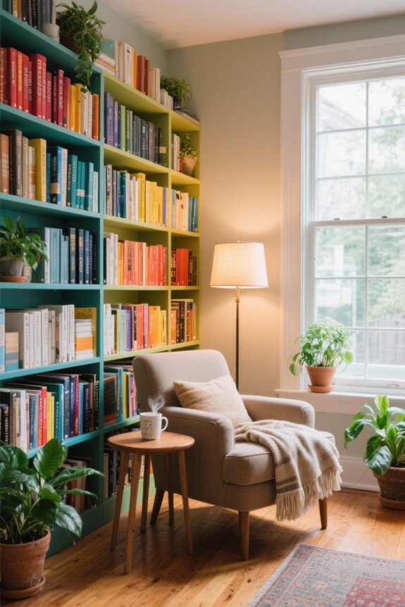 stylish color coded bookshelf organization