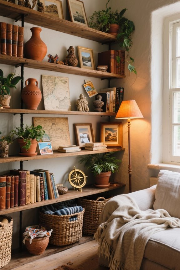 travel inspired bookshelf decor